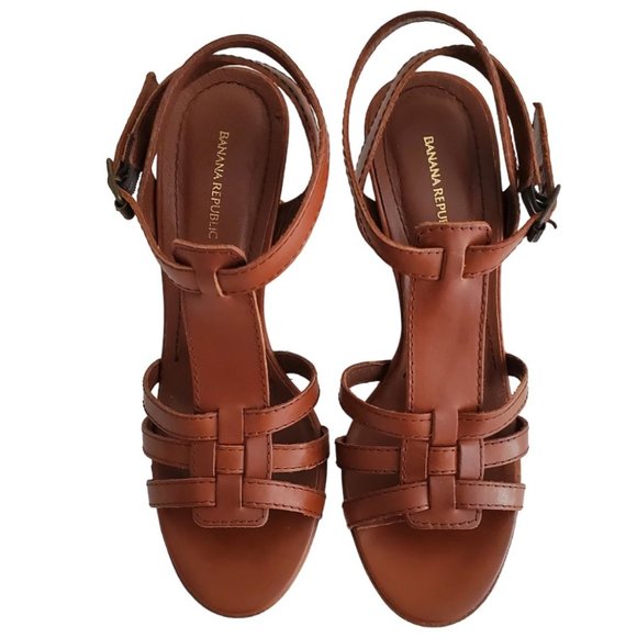 Banana Republic Leather Ankle Strap 3.5" Wood Heel Sandals | NWT | 7M | Tobacco - Picture 3 of 16